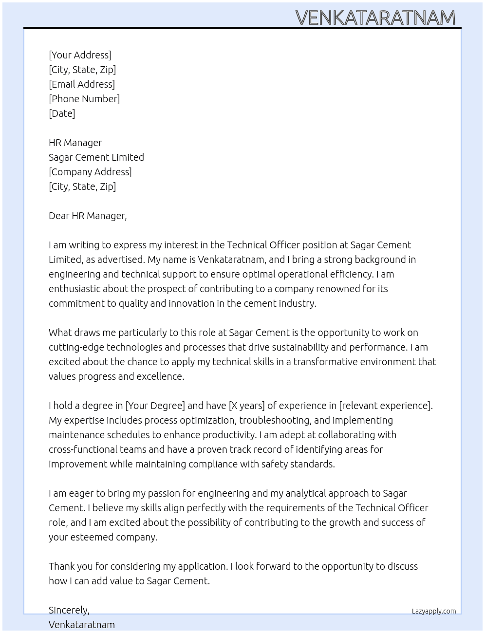 Technical officer  At Sagar cement limites Cover Letter