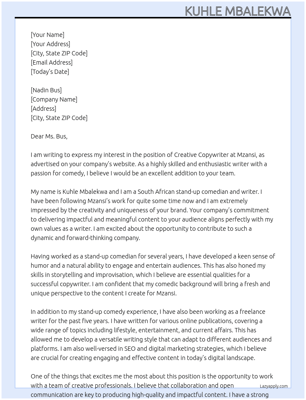 Creative Copywriter  At Mzansi Cover Letter