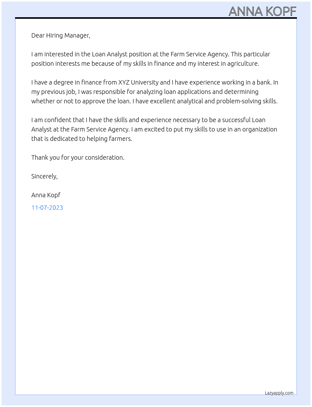 Loan Analyst At Farm Service Agency Cover Letter