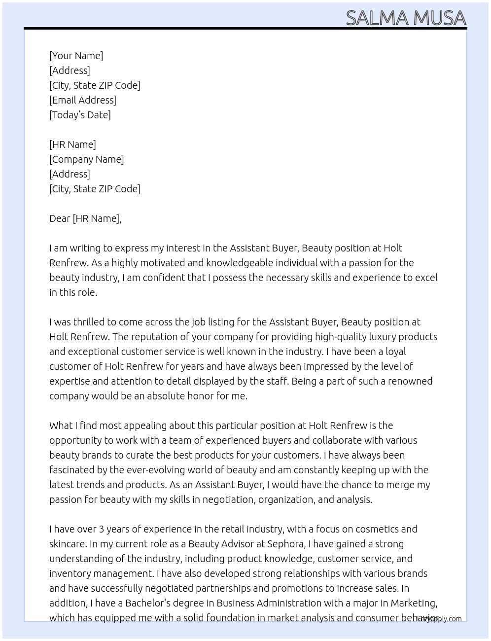 Assistant Buyer, Beauty  At Holt Renfrew Cover Letter