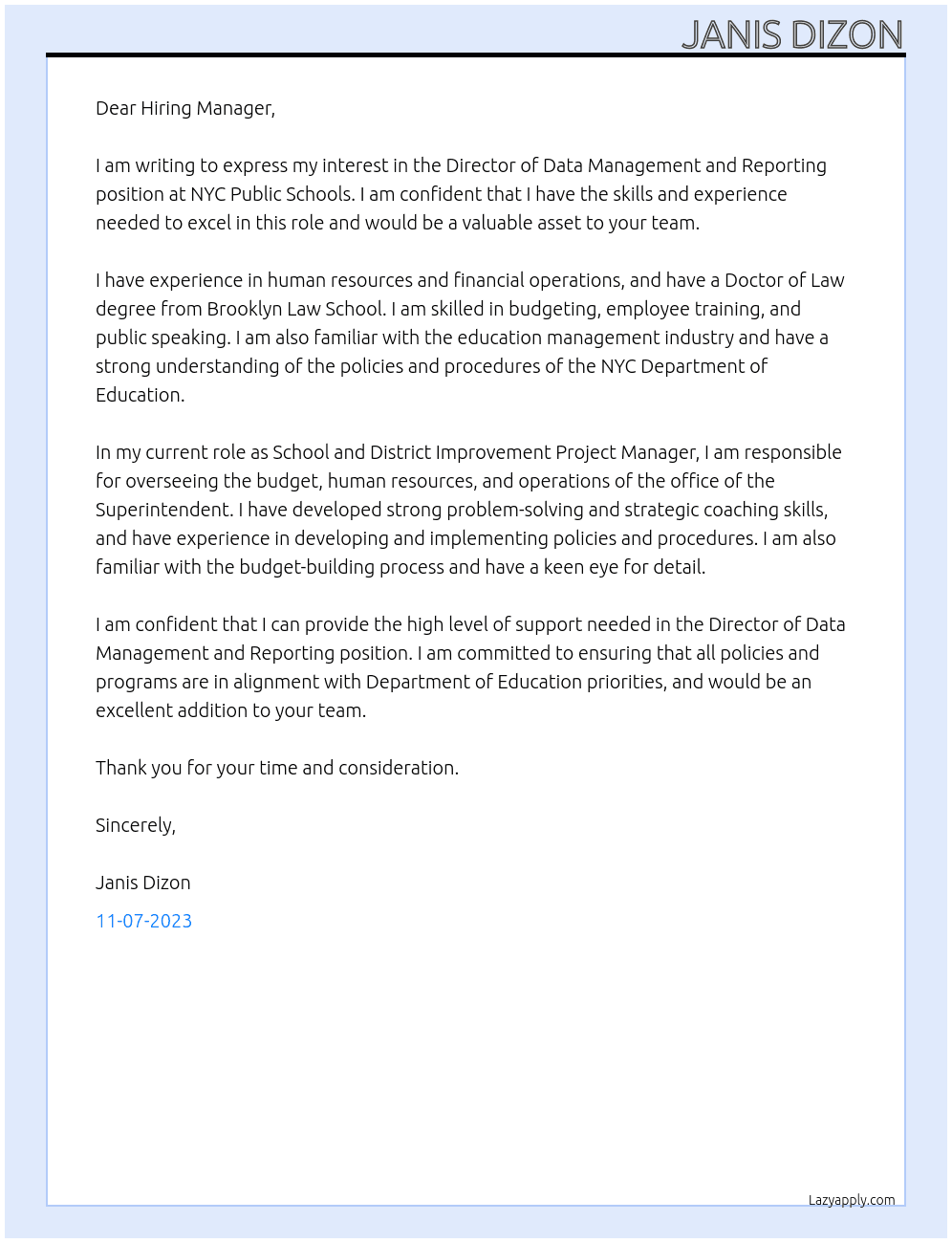 Director of Data Management and Reporting, Office of Pupil Transportation At NYC Public Schools Cover Letter