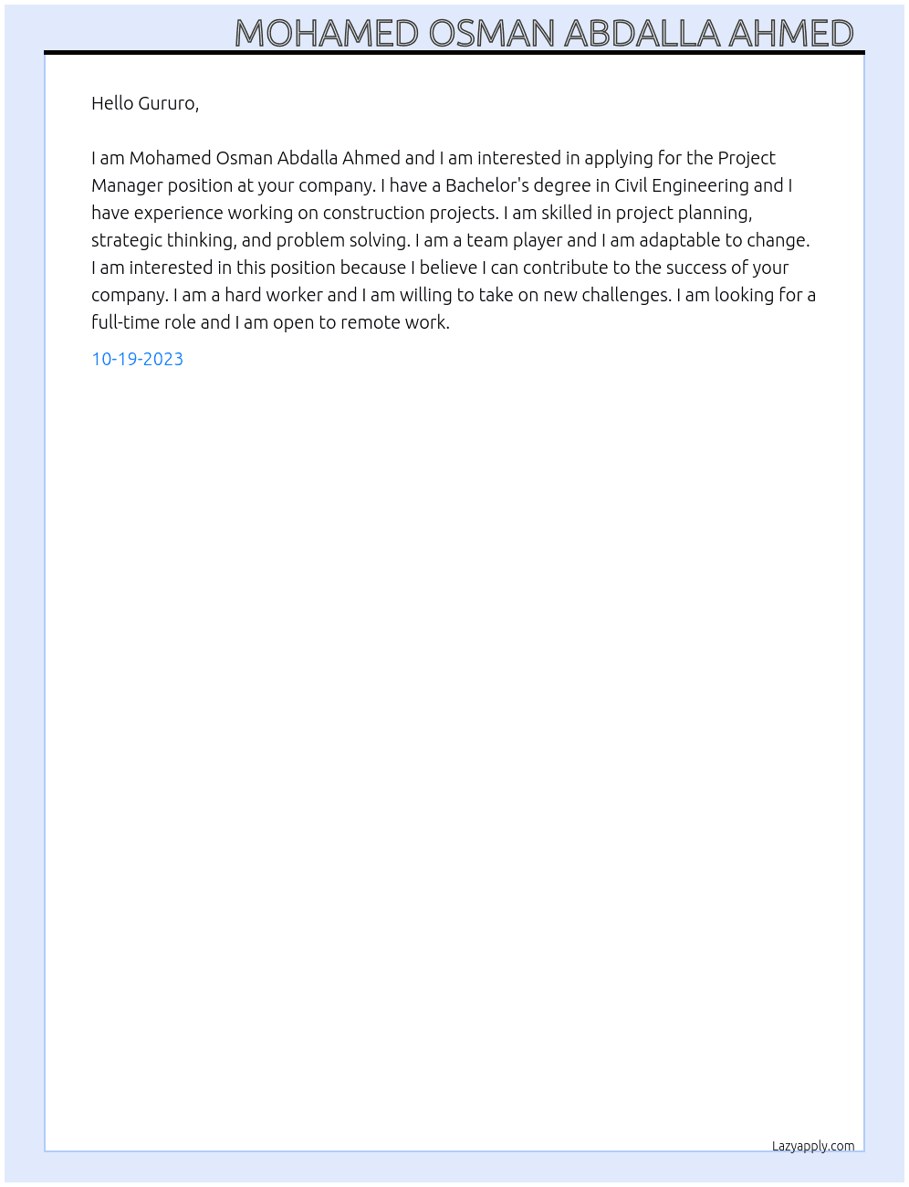 Project manager At Gururo Cover Letter