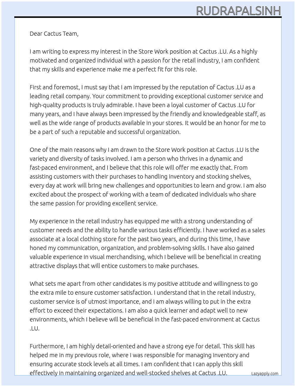 STORE WORK At CACTUS .LU Cover Letter