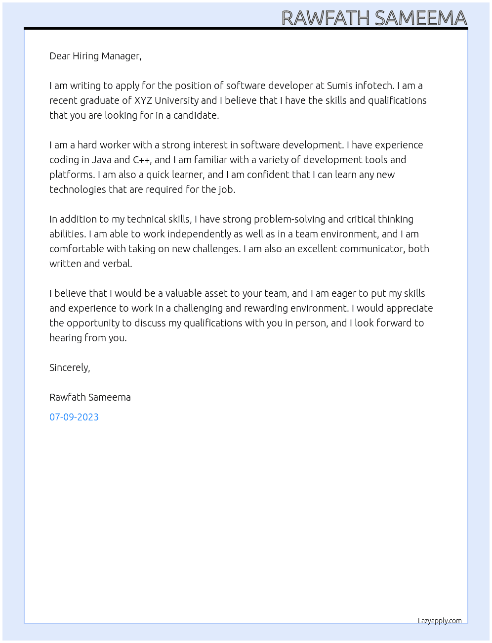 Software developer fresher  At Sumis infotech Cover Letter