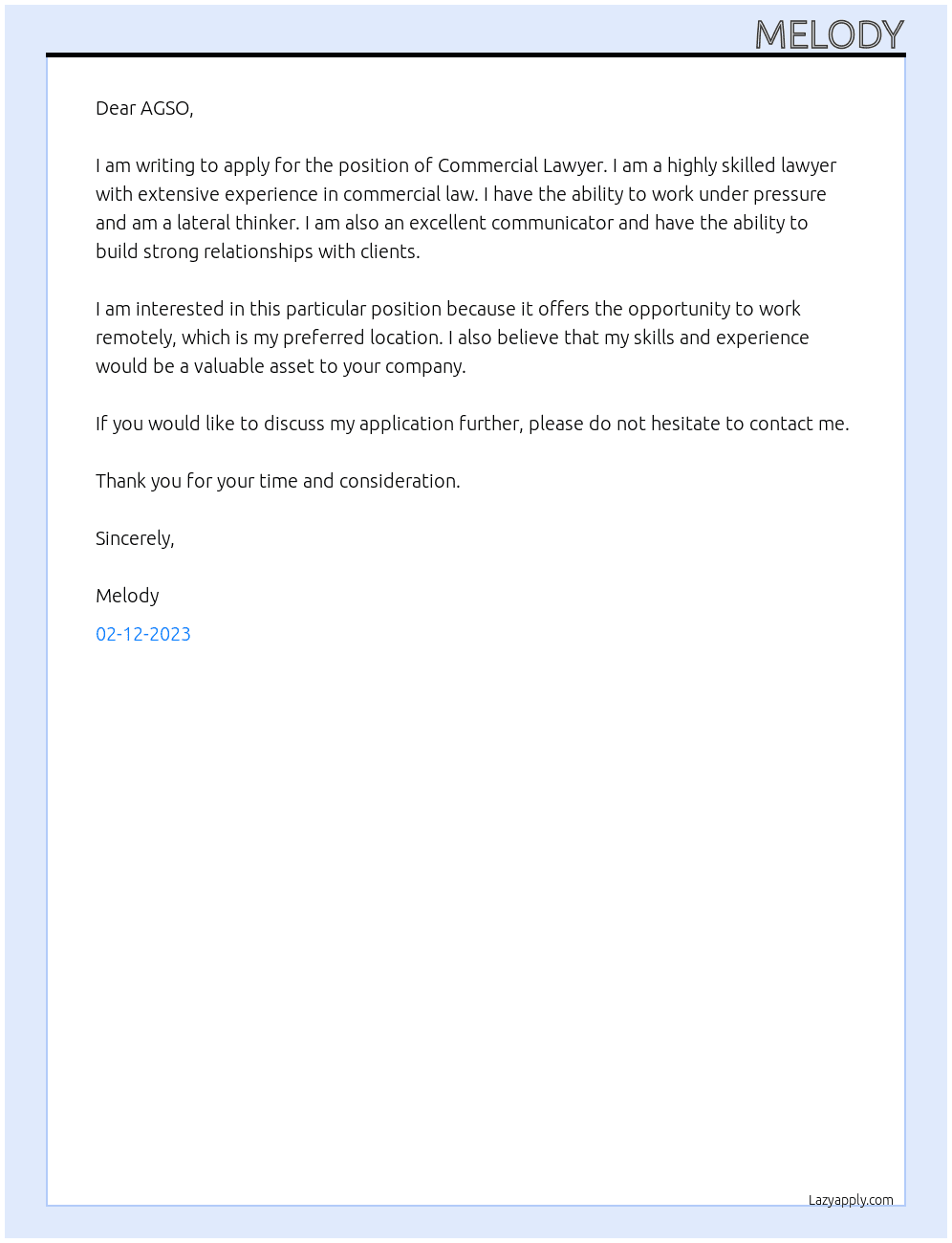 Commercial Lawyer At AGSO Cover Letter