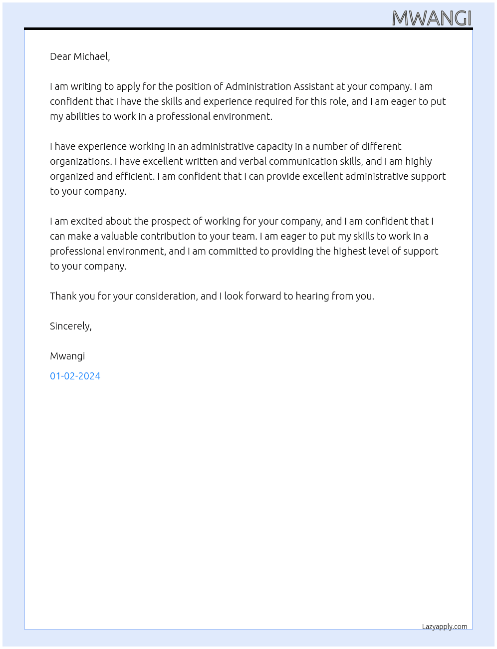 ADMINISTRATION ASSISTANT At MICHAEL Cover Letter