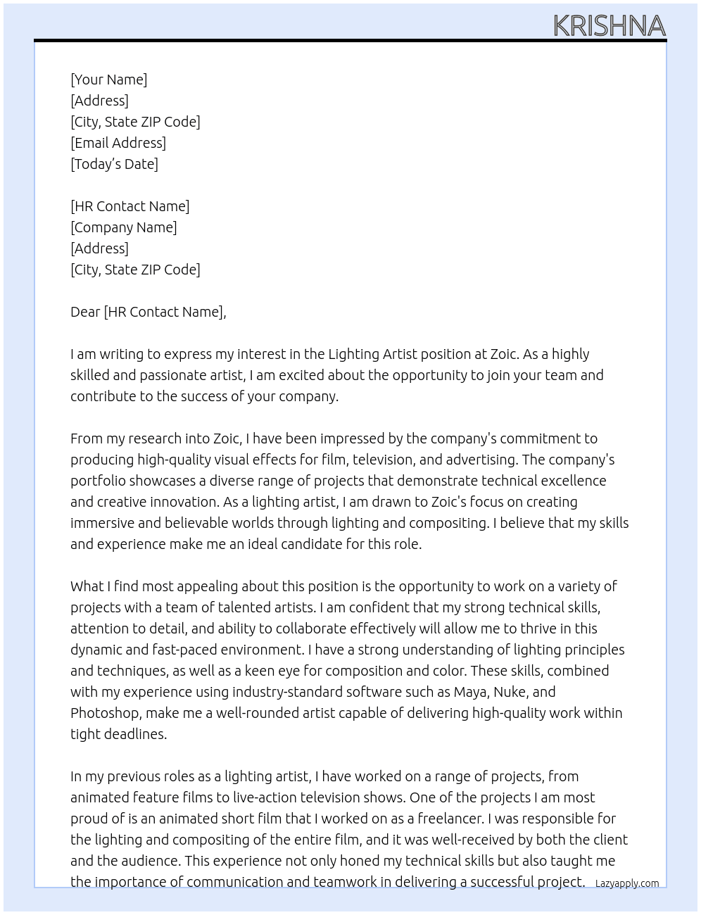 lighting Artist At zoic Cover Letter