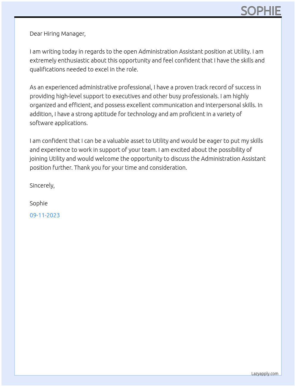 Administration Assistant At Utility Cover Letter