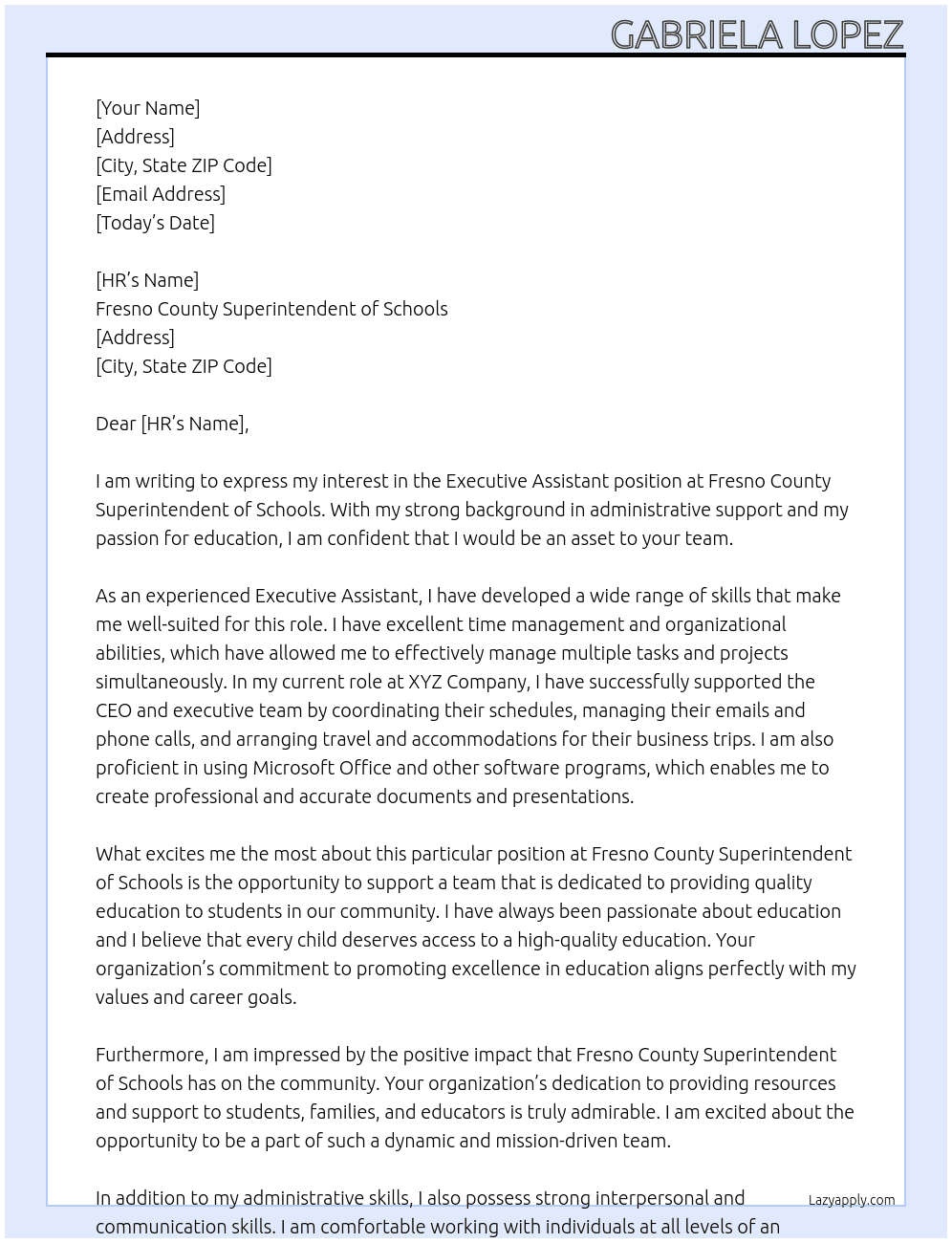 Executive Assistant At Fresno County Superintendent of Schools Cover Letter