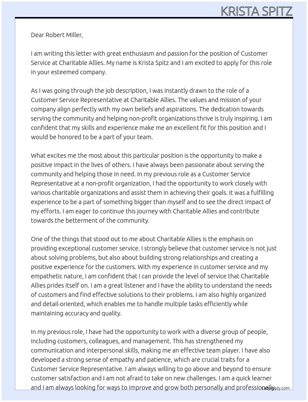Customer Service At Charitable Allies Cover Letter