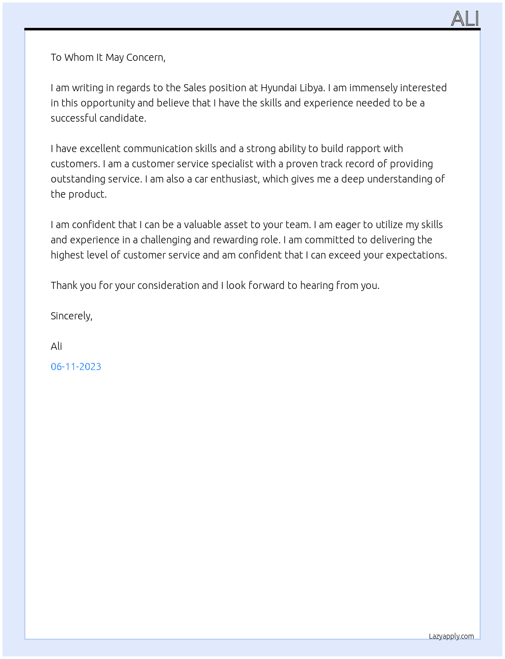 Sales in car dealerships  At Hyundai Libya Cover Letter