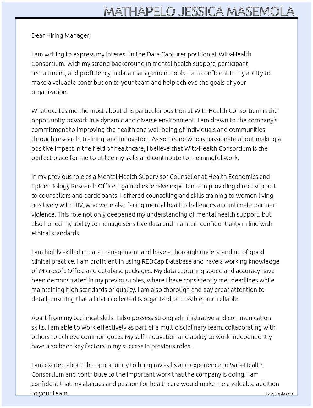 Data Capturer At Wits-Health Consortium  Cover Letter