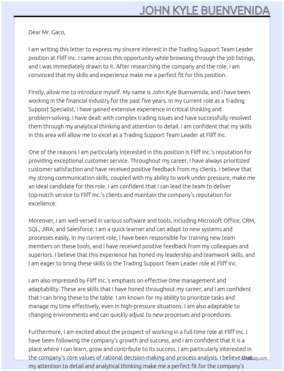 Trading Support Team Leader At Fliff Inc. Cover Letter