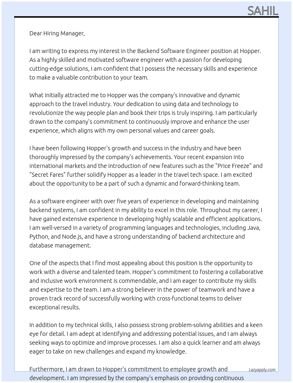 Backend Software Engineer At Hopper Cover Letter