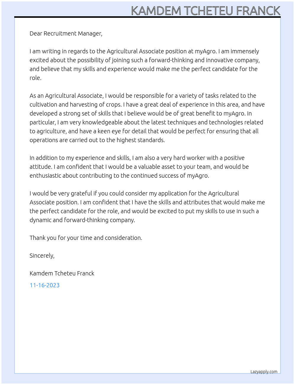 Agricultural associate At myAgro Cover Letter