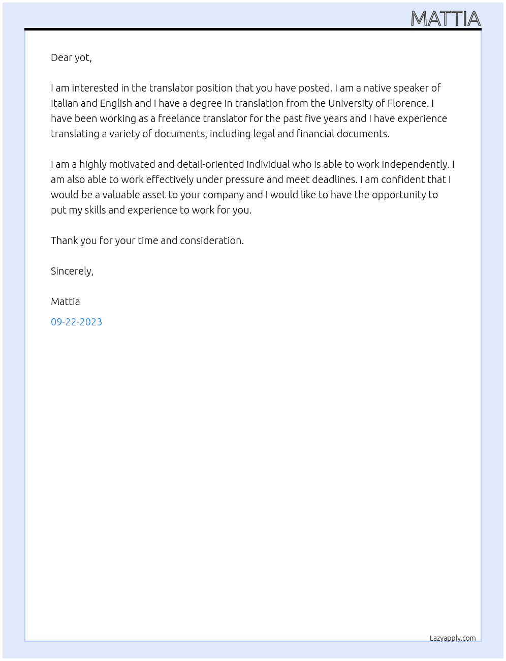 Translator At yot Cover Letter