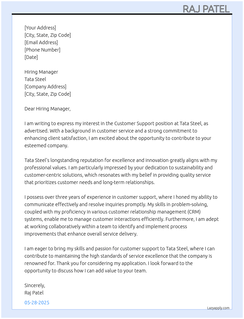 Customer Support  At Tata Steel  Cover Letter