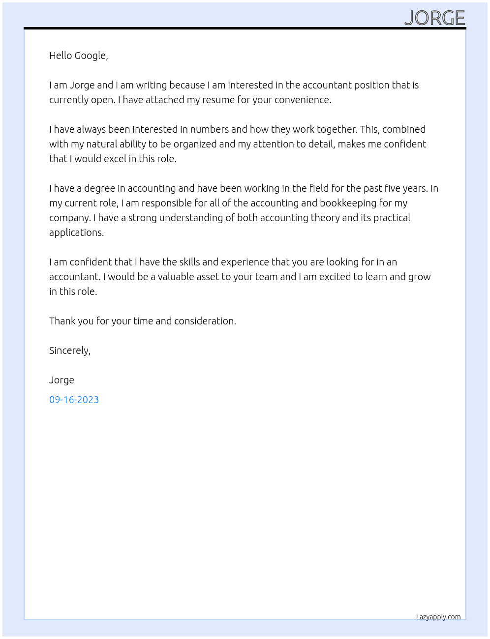 Accoutant At google Cover Letter