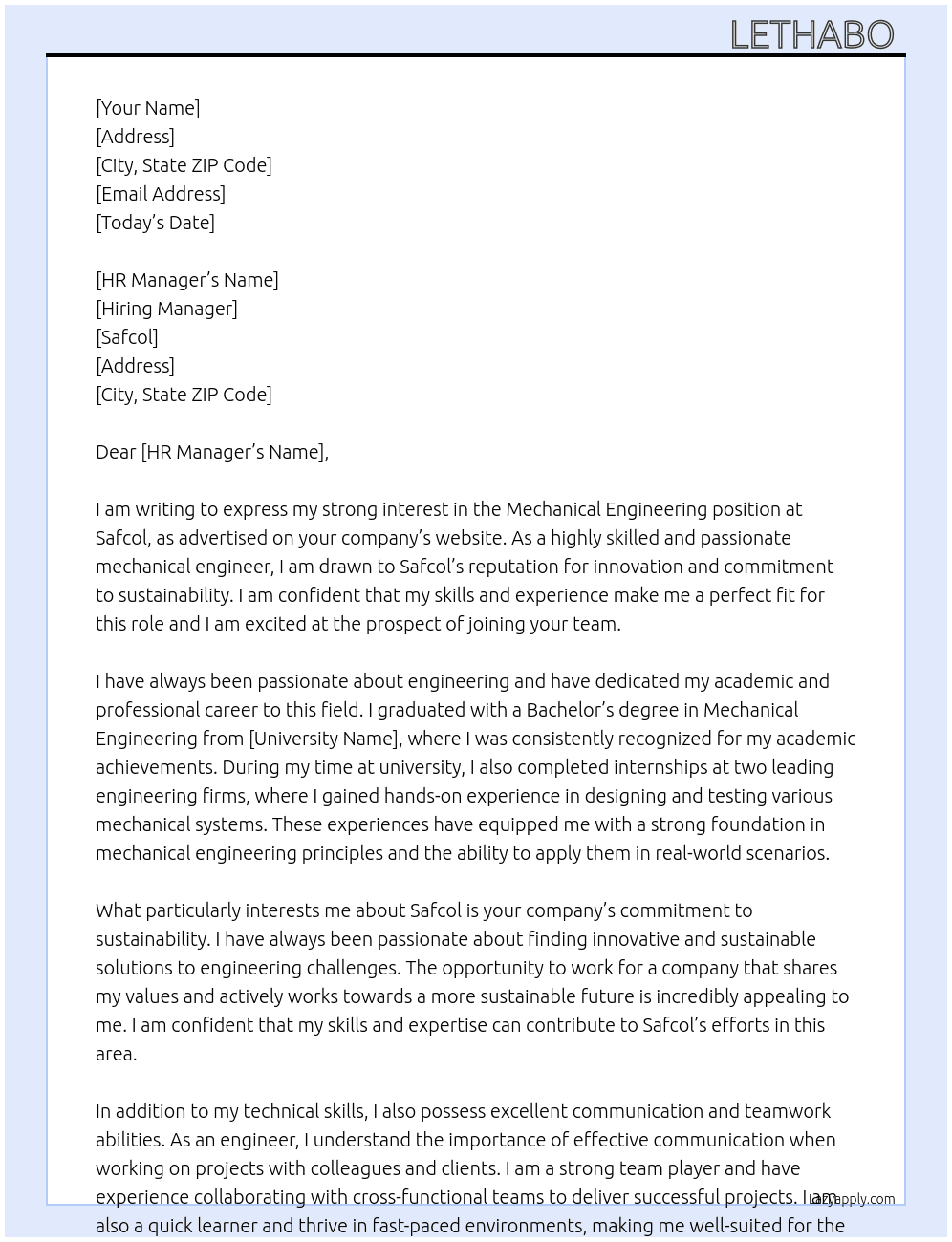 Mechanical engineering m At Safcol  Cover Letter