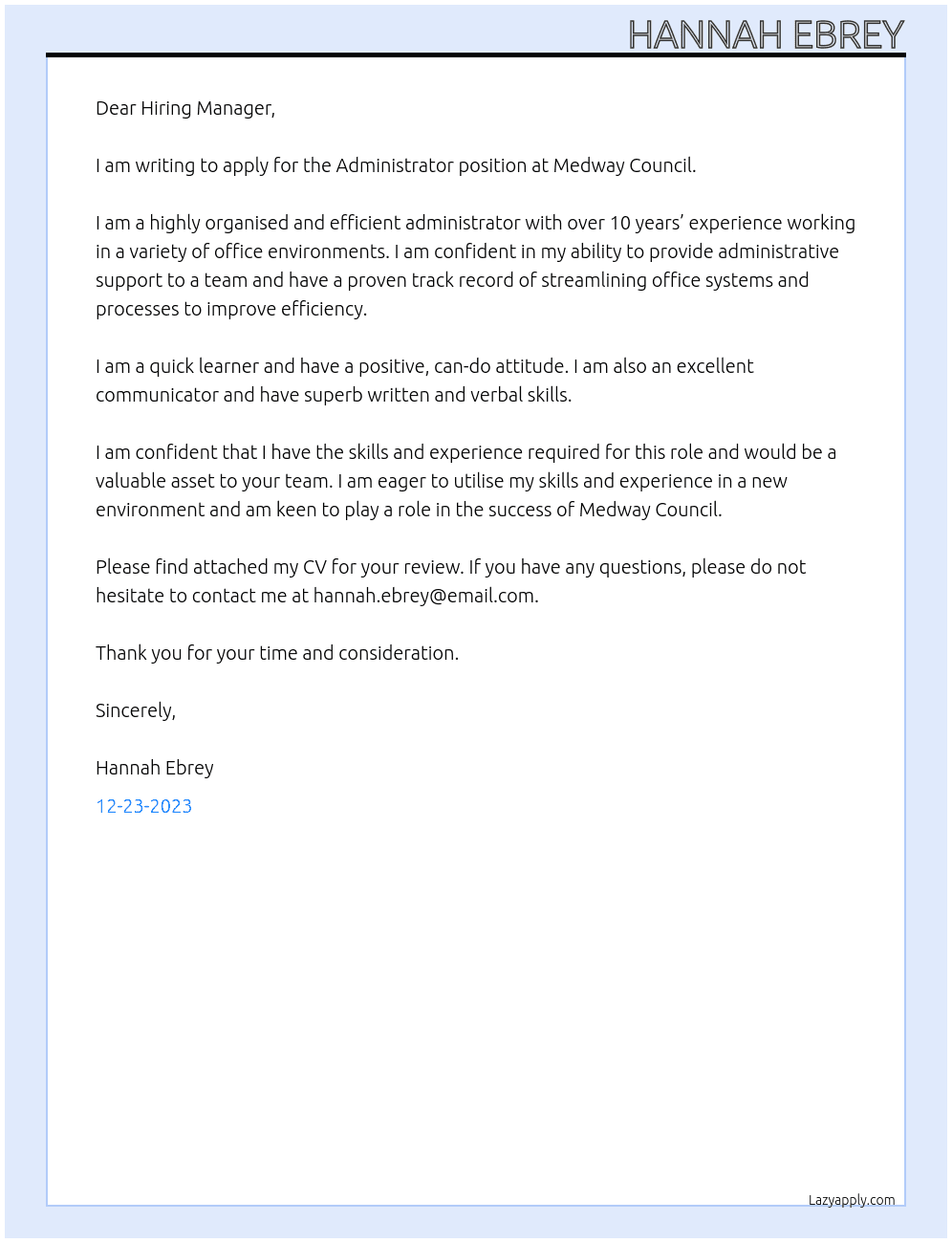 Administrator At Medway Council Cover Letter