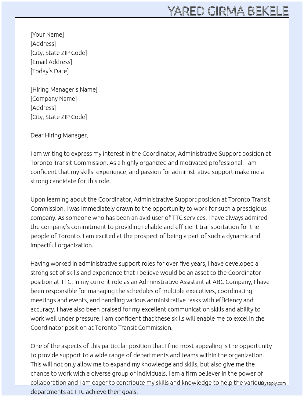 Coordinator, Administrative Support At Toronto Transit Commission Cover Letter
