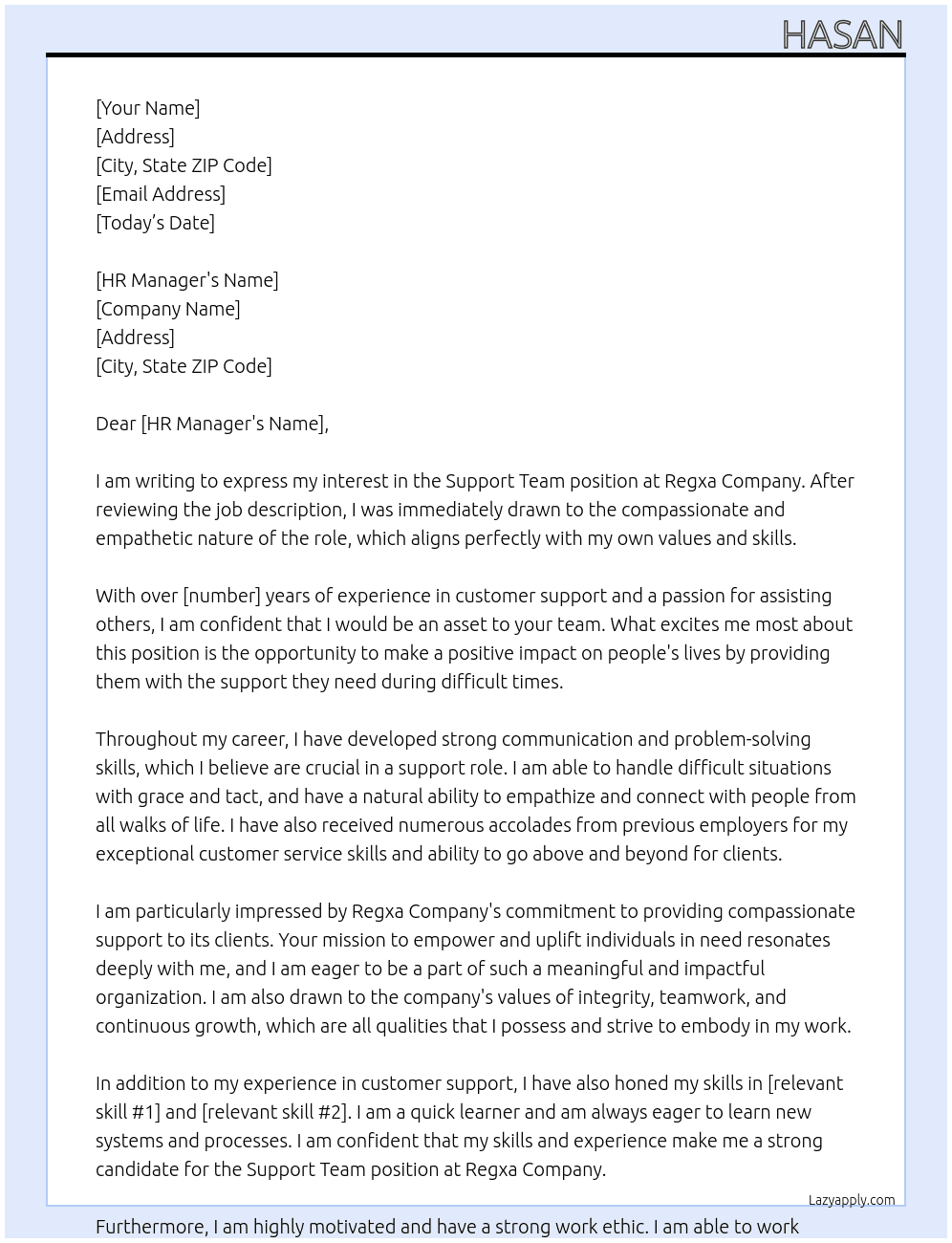 support team At Regxa Company Cover Letter