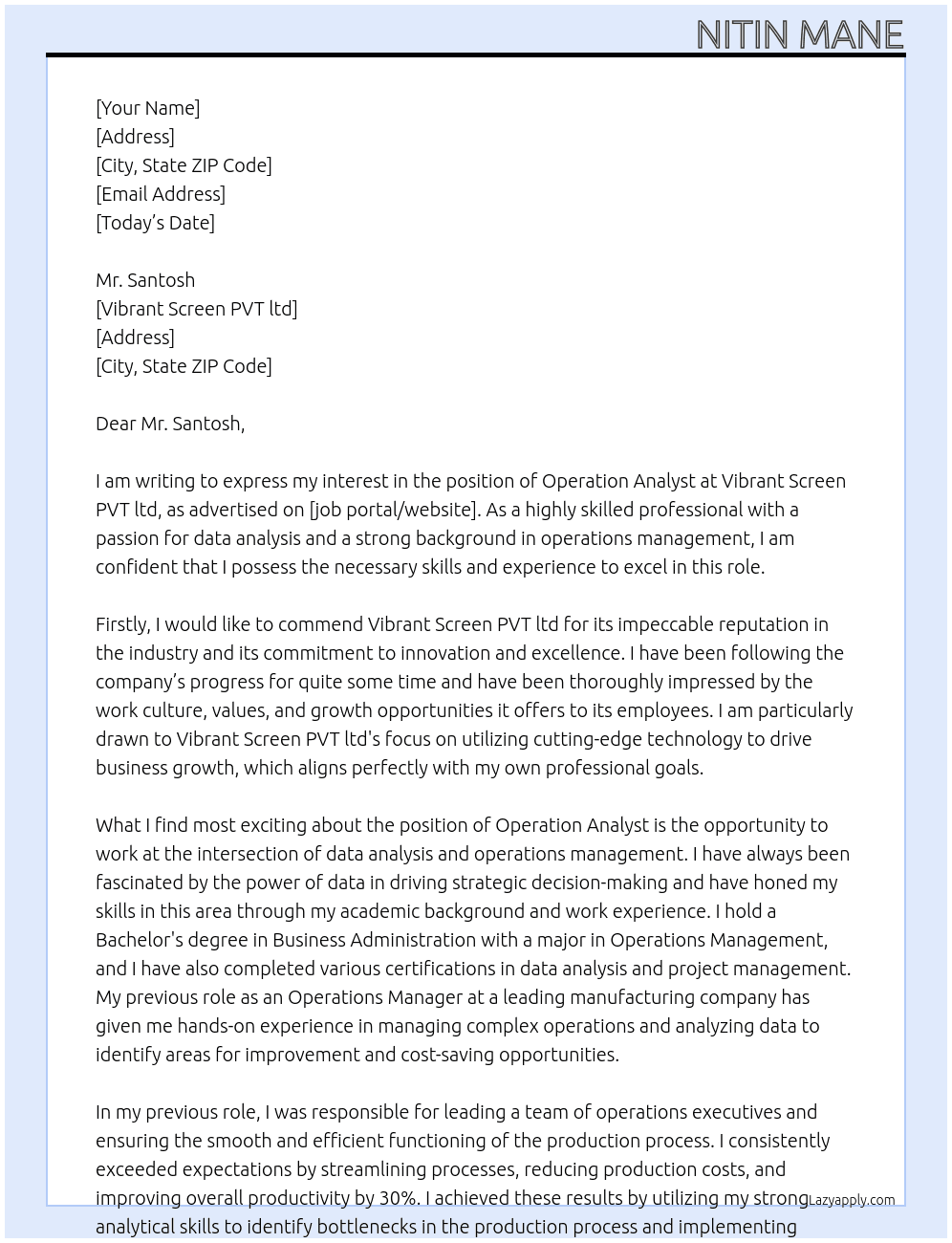 Operation Anylst At Vibrant Screen PVT ltd Cover Letter