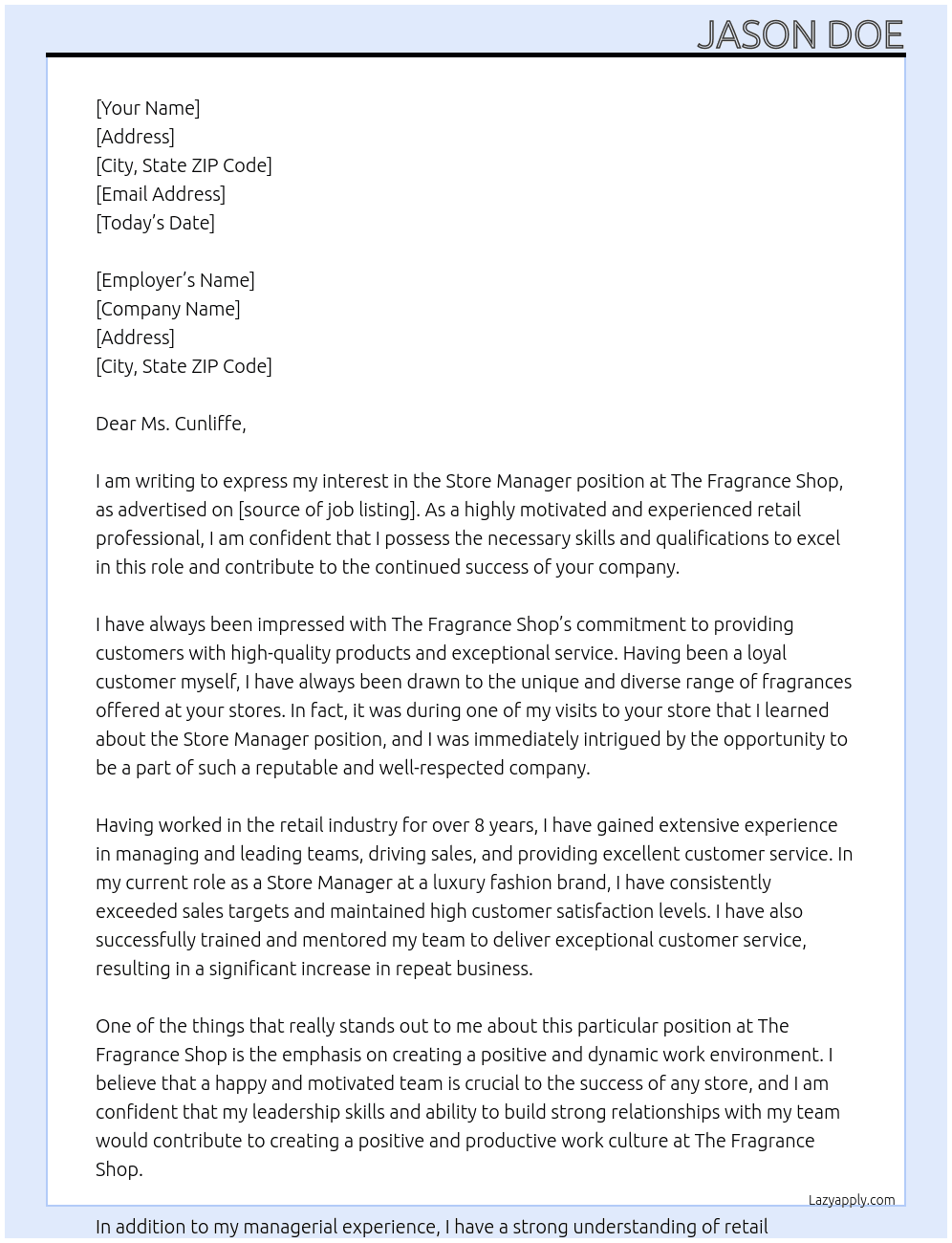 Store Manager At The Fragrance Shop Cover Letter