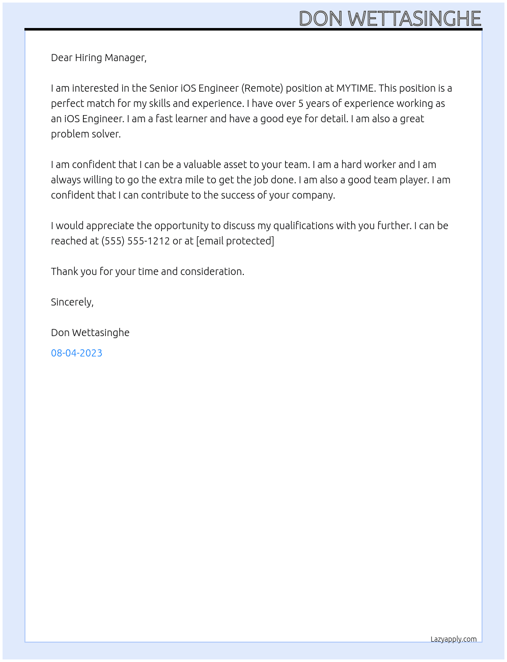 Senior iOS Engineer (Remote) At MYTIME Cover Letter