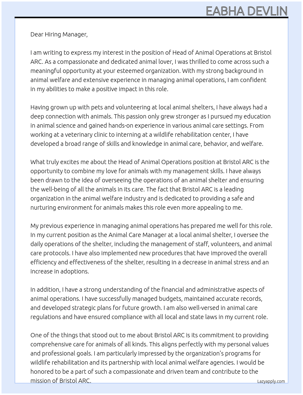 Head of Animal Operations At Bristol ARC Cover Letter