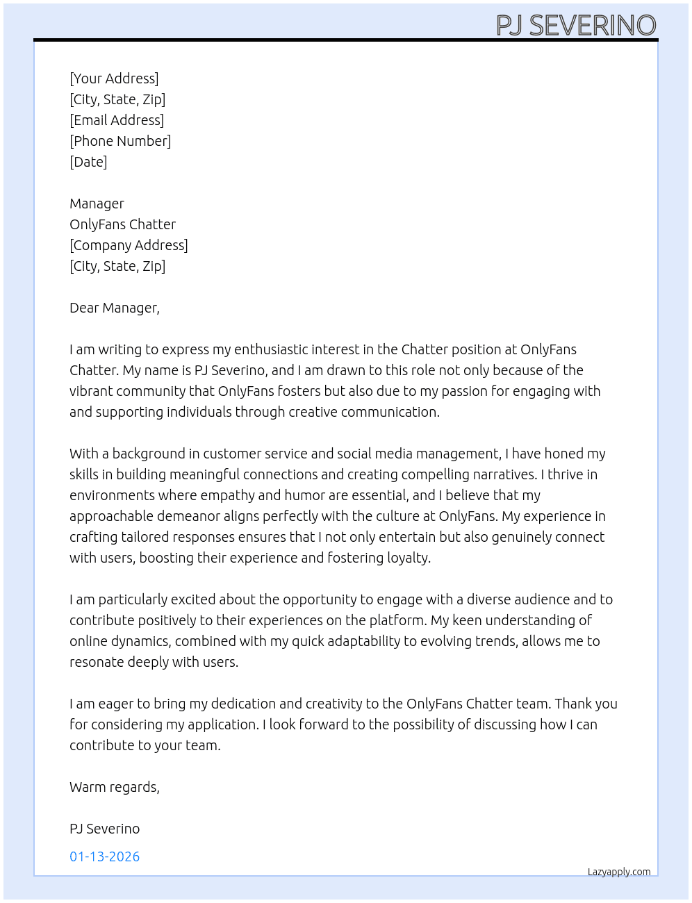 Chatter At Only fans chatter Cover Letter