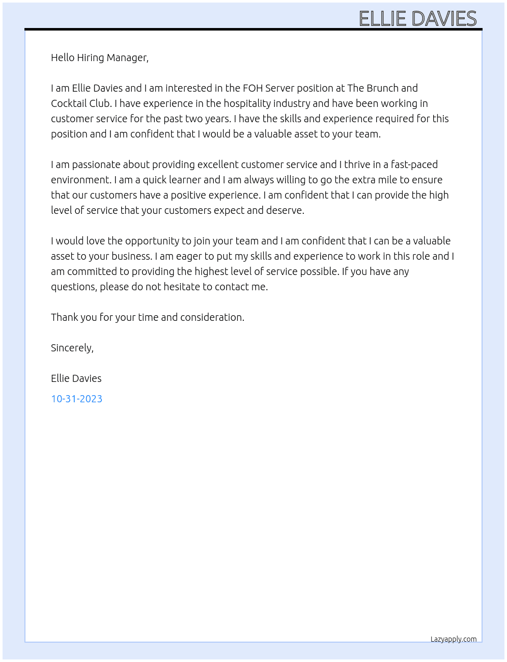 FOH Server  At The Brunch and Cocktail club  Cover Letter