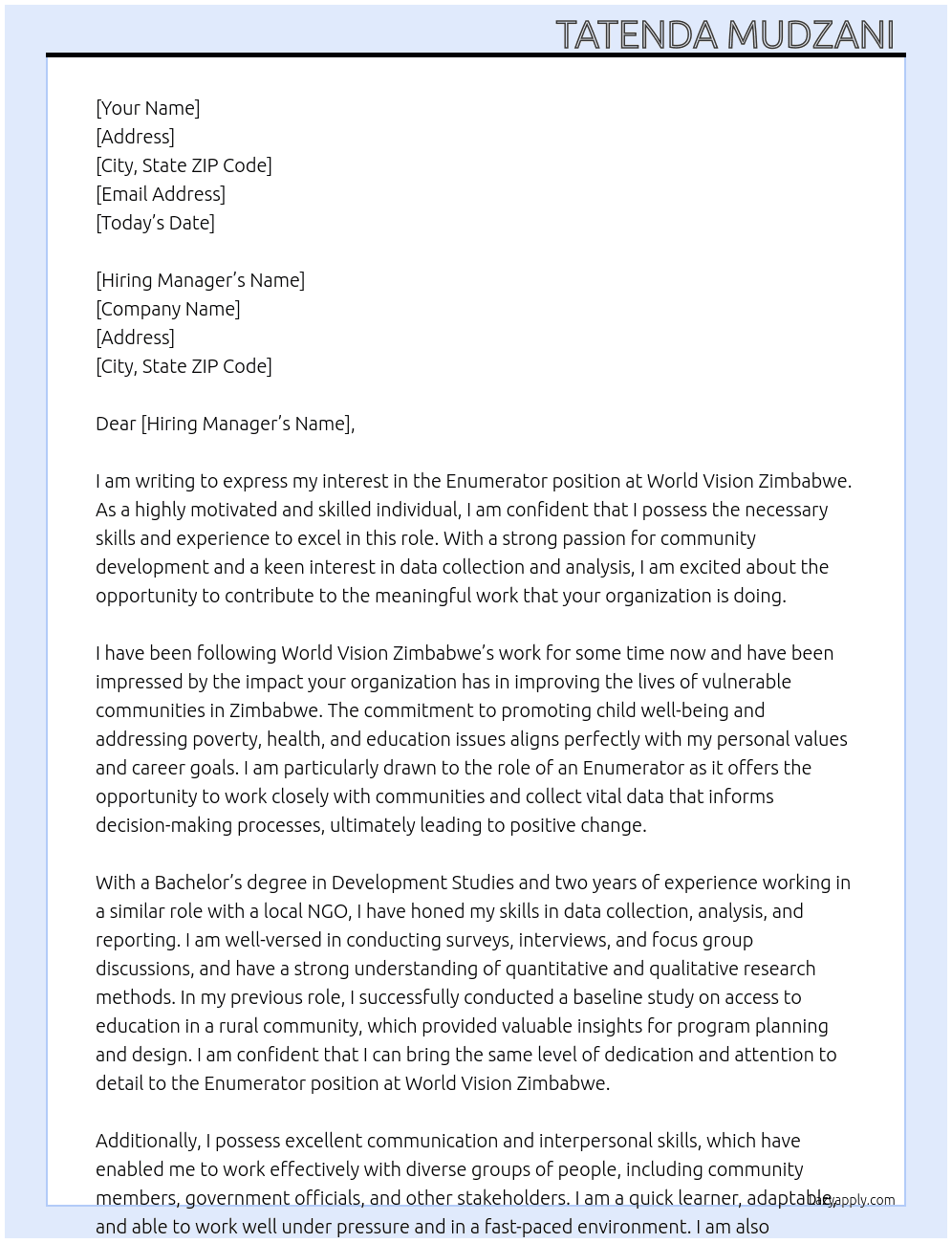 Enumerator  At World Vision Zimbabwe Cover Letter