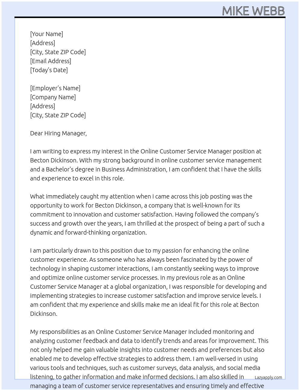 Online Customer Service Manager At Becton Dickinson Cover Letter