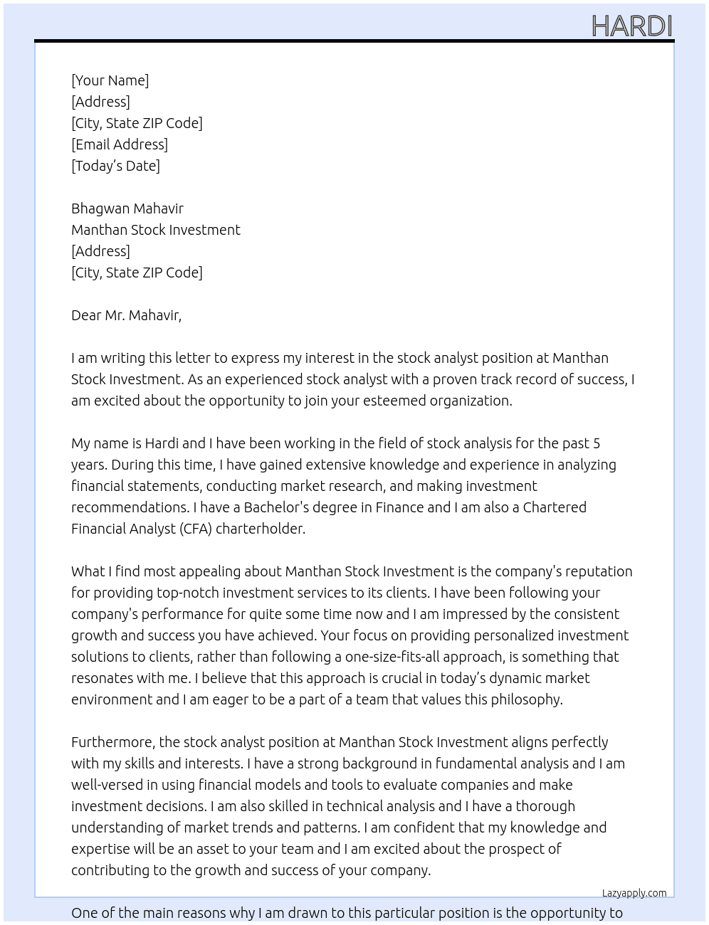 stock analyst At Manthan stock investment Cover Letter