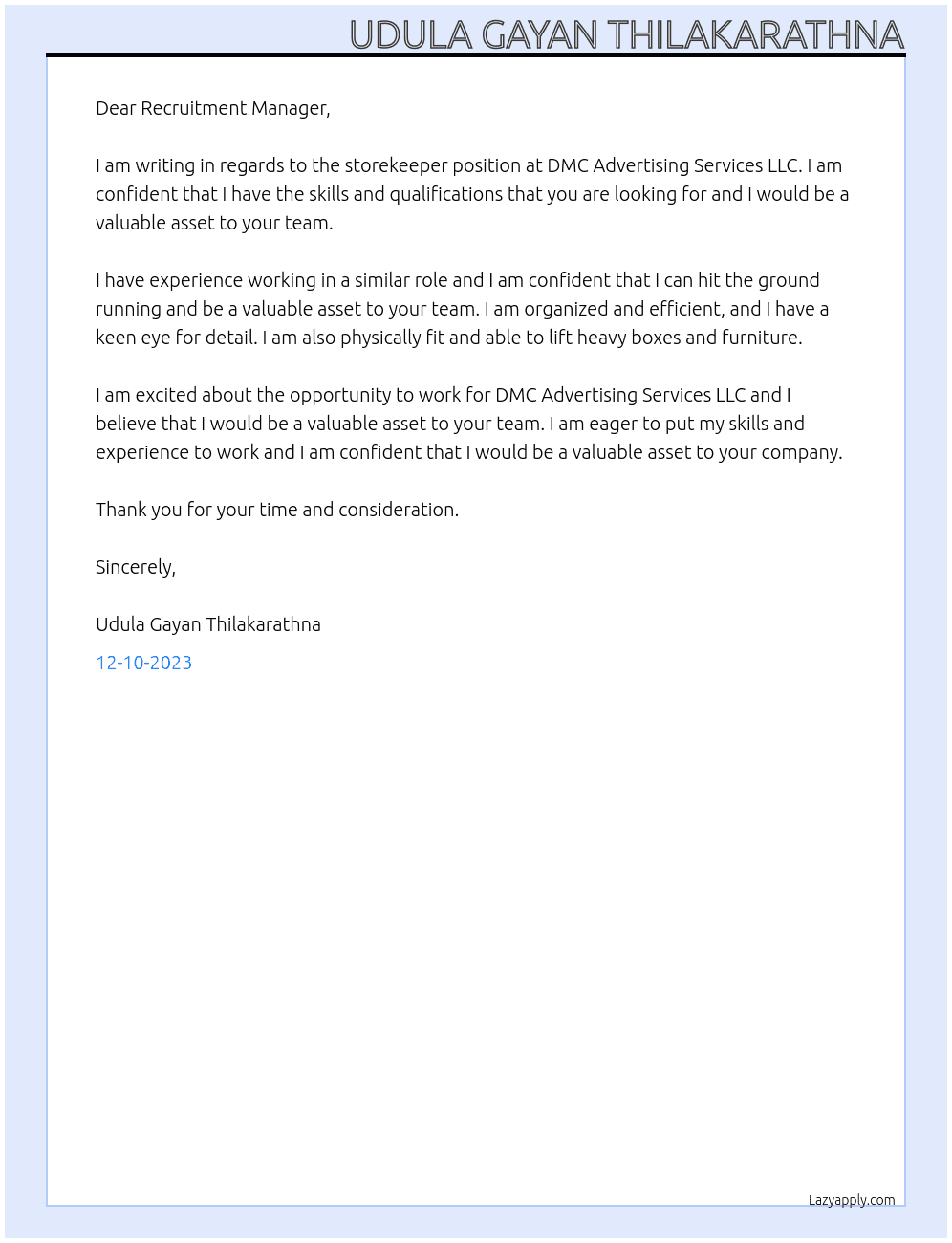 storekeeper At DMC ADVERTISING SERVICES LLC Cover Letter