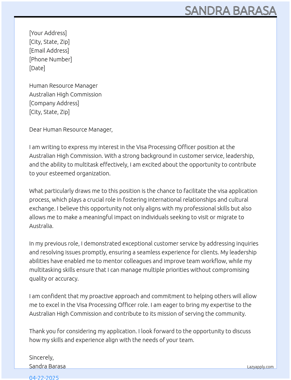visa processing officer At Australian High Commission Cover Letter