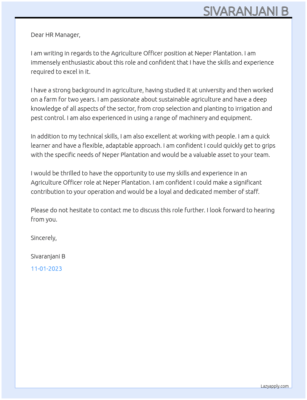 Agriculture Officer At Neper Plantation Cover Letter