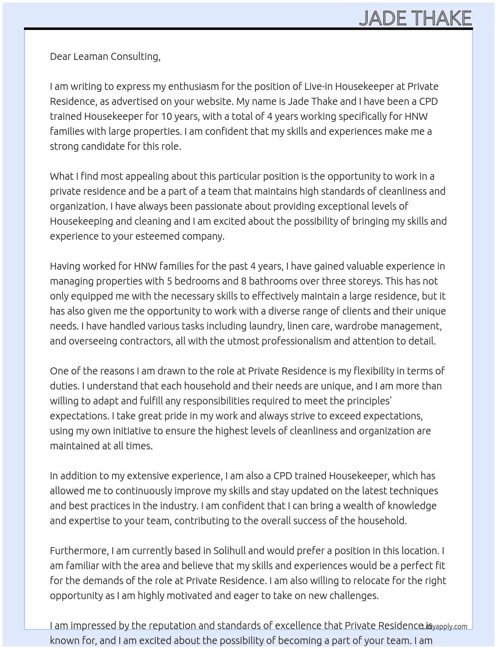 Live in Housekeeper At Private Residence Cover Letter