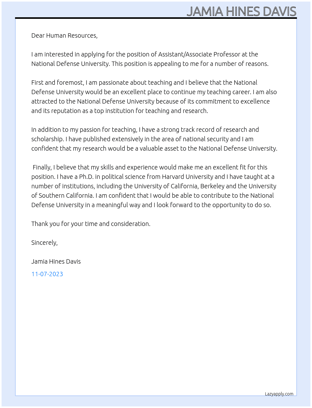 Assistant/Associate Professor At National Defense University  Cover Letter
