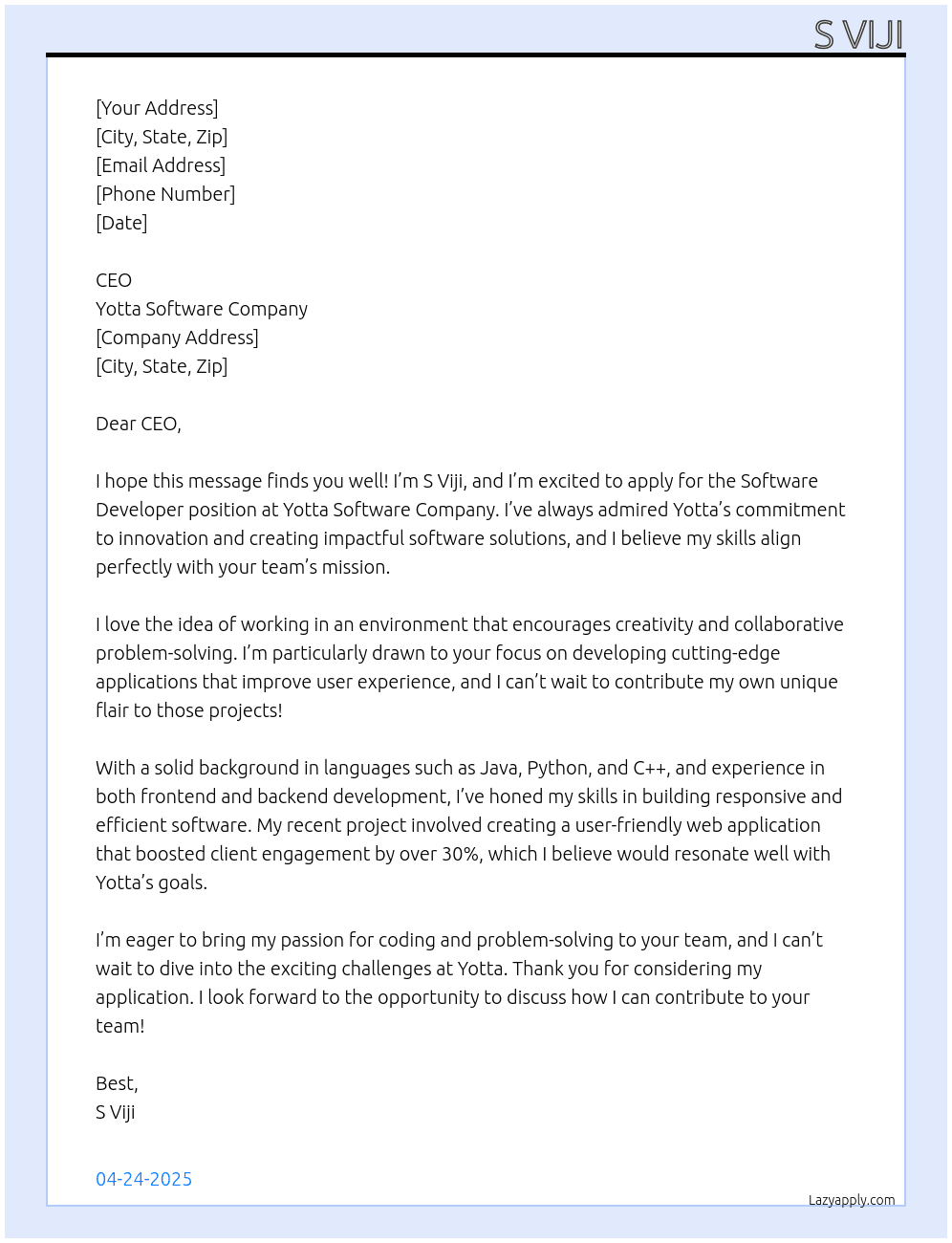 Software developer  At Yotta software company  Cover Letter