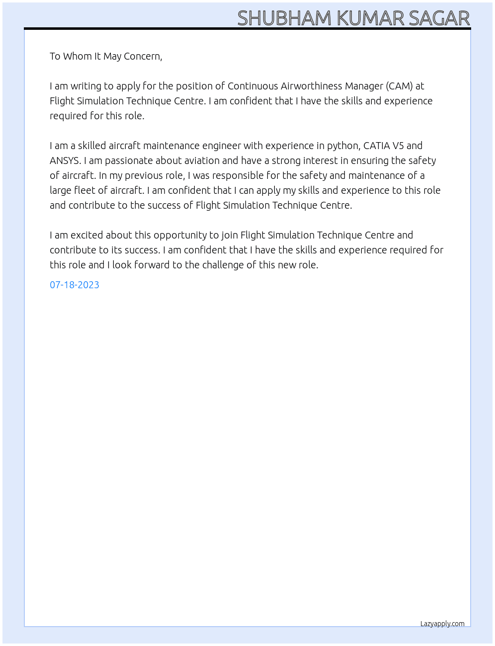 Continuous Airworthiness Manager (CAM) At Flight Simulation Technique Centre Cover Letter