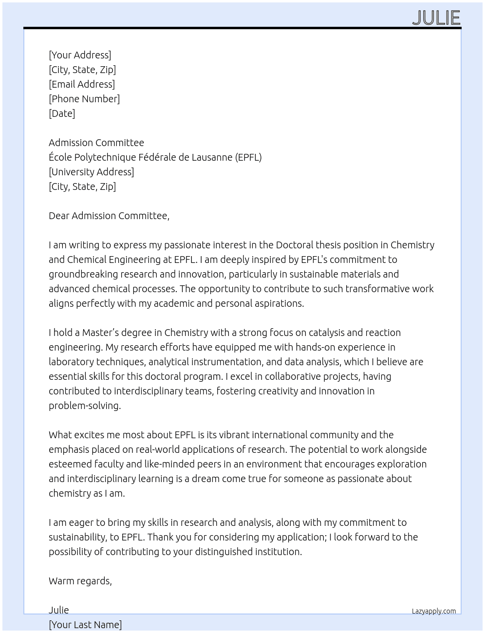 Doctoral thesis in chemistry and chemical engineering At EPFL Cover Letter