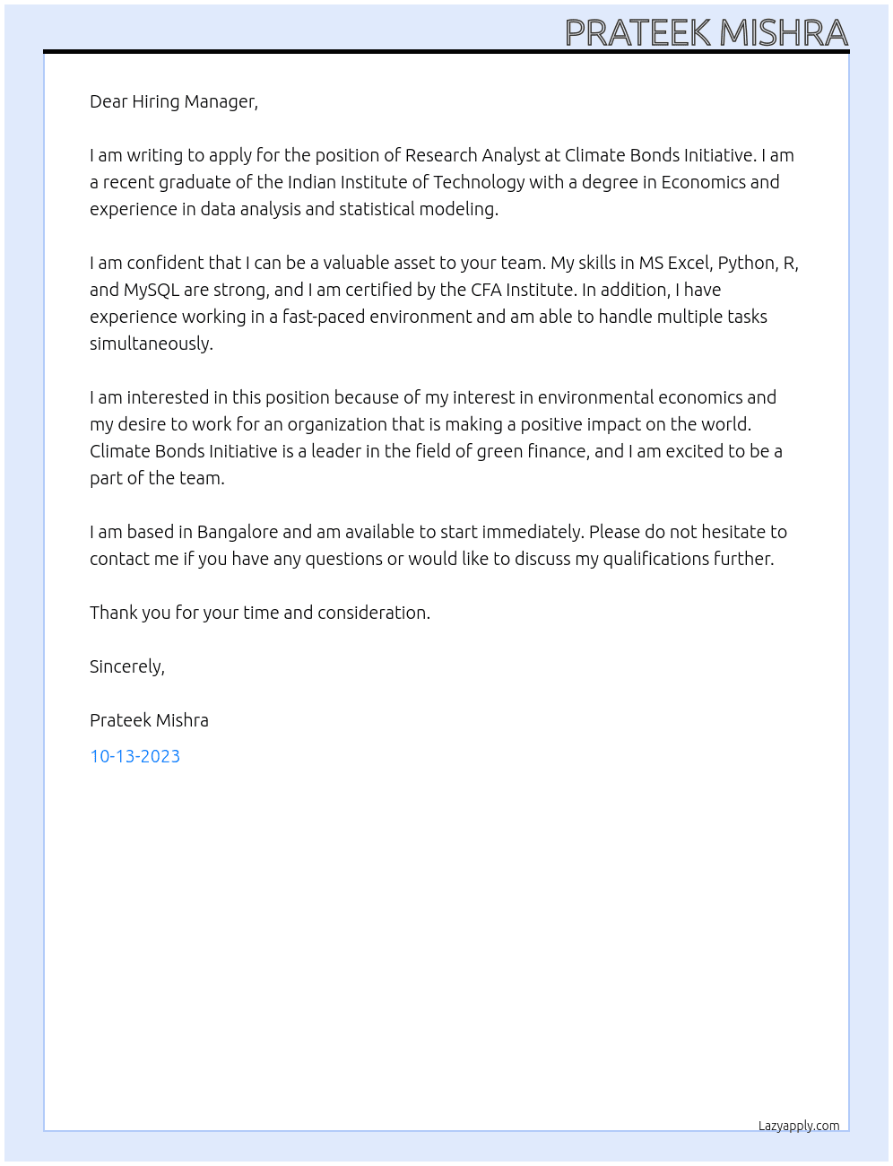 Research Analyst At Climate Bonds Initiative Cover Letter