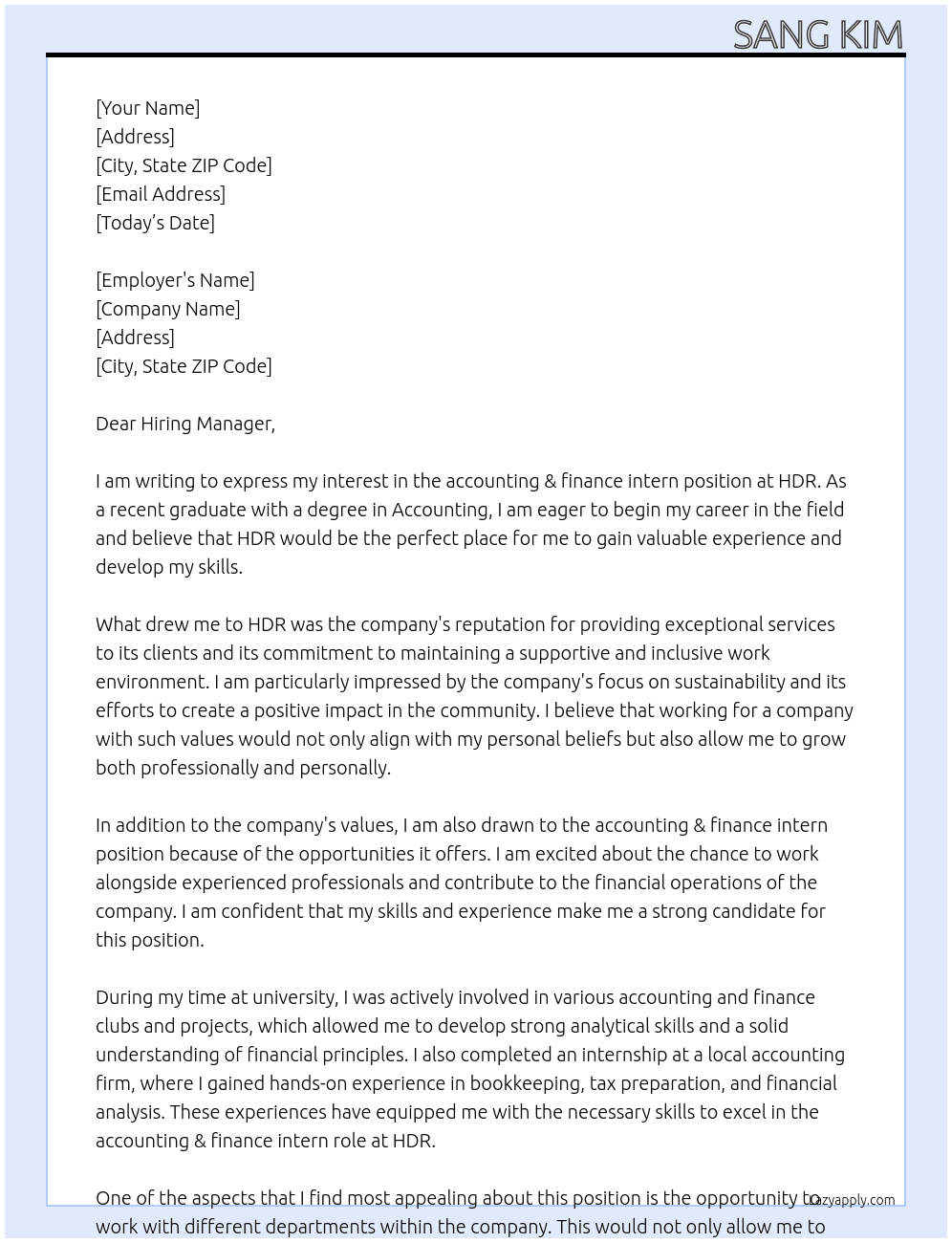 accounting & finance intern At HDR Cover Letter
