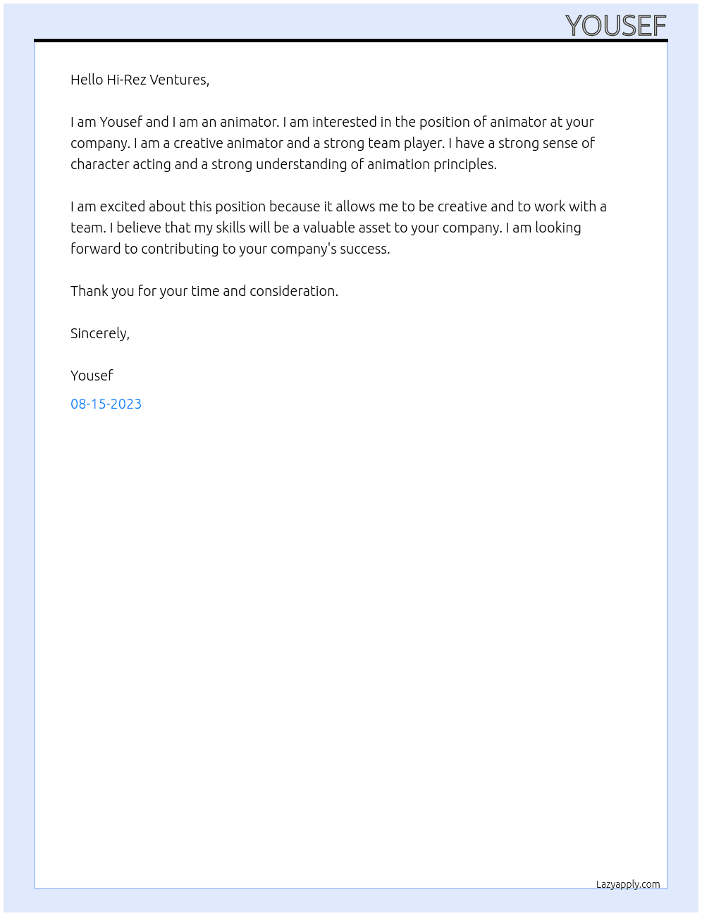 animator At Hi-Rez Ventures Cover Letter