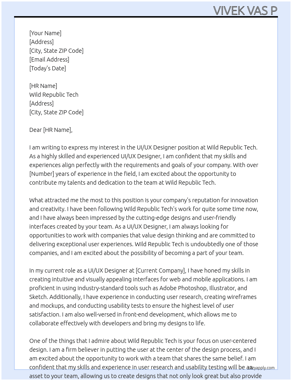 ui ux designer At Wild Republic Tech Cover Letter