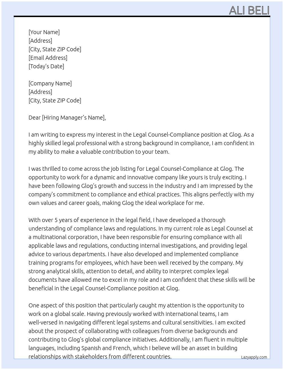 Legal Counsel-Compliance At Glog Cover Letter