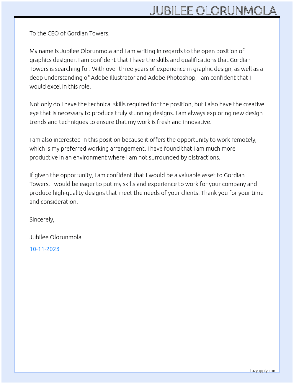 Graphics designer  At Gordian Towers Cover Letter