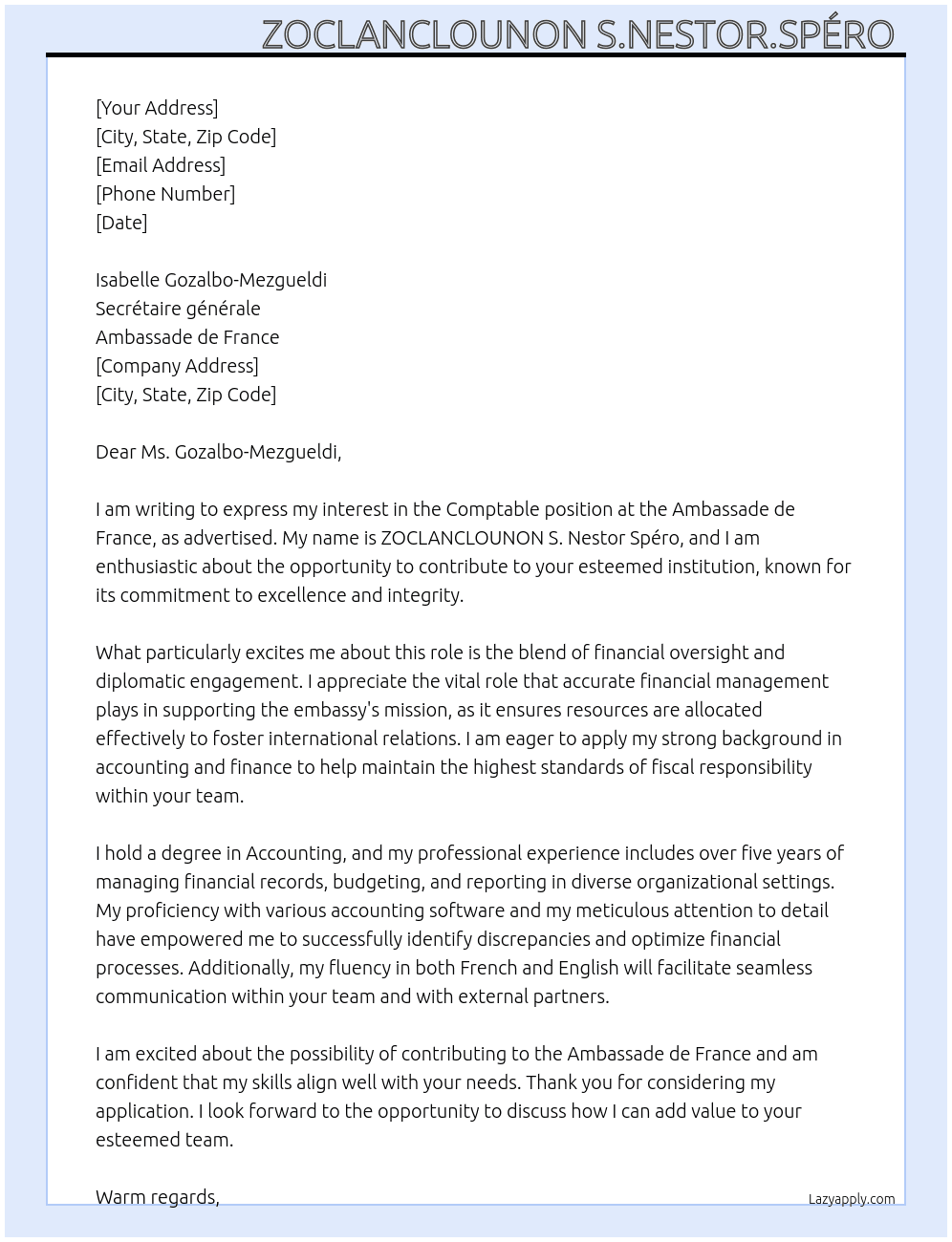 Comptable  At Ambassade de France  Cover Letter